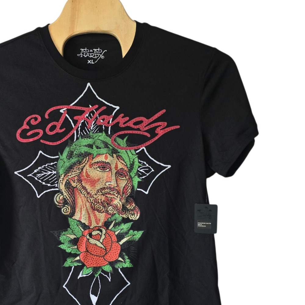 Ed Hardy Men Black Jesus Christ Cross Rose Rhinestone Graphic T-Shirt XL NEW
